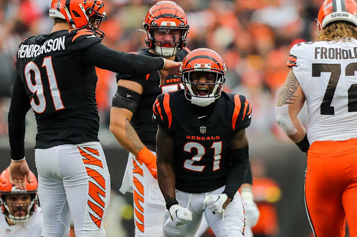 Dec 11, 2022; Cincinnati, Ohio, USA; Cincinnati Bengals cornerback Mike Hilton (21) reacts after tripping up Cleveland Browns running back Nick Chubb (not pictured) in the first half at Paycor Stadium. Mandatory Credit: Katie Stratman-USA TODAY Sports